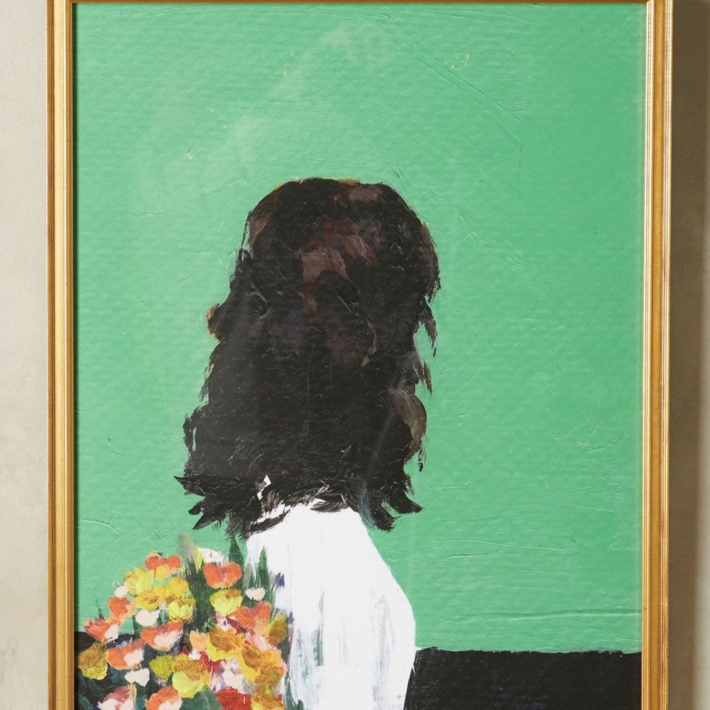 Anthropologie Vibrant Green Portrait with Floral Accents